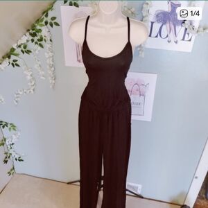 Womens Casual Loose Sleeveless Spaghetti Strap Wide Leg Pants Jumpsuit Romper